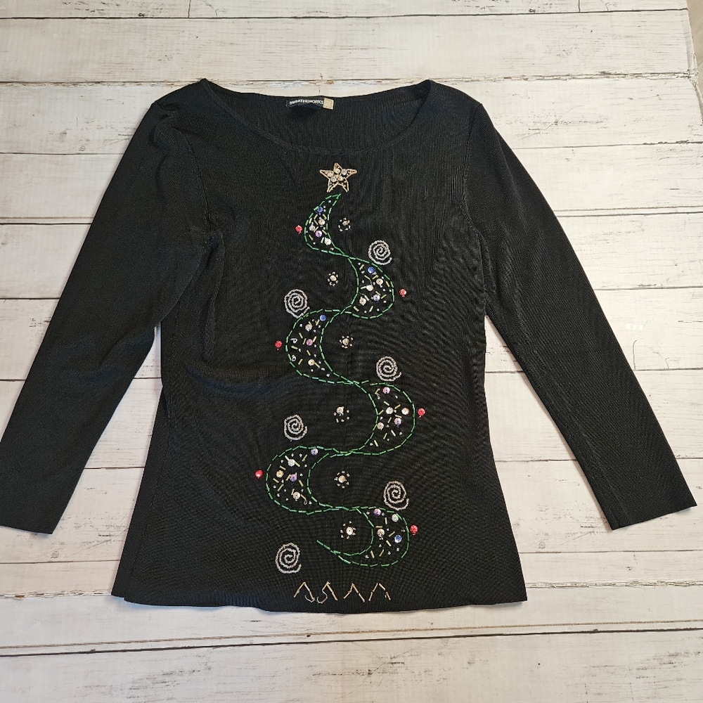 Vintage Sweaterworks Christmas Tree Embellished Black Top Size Small